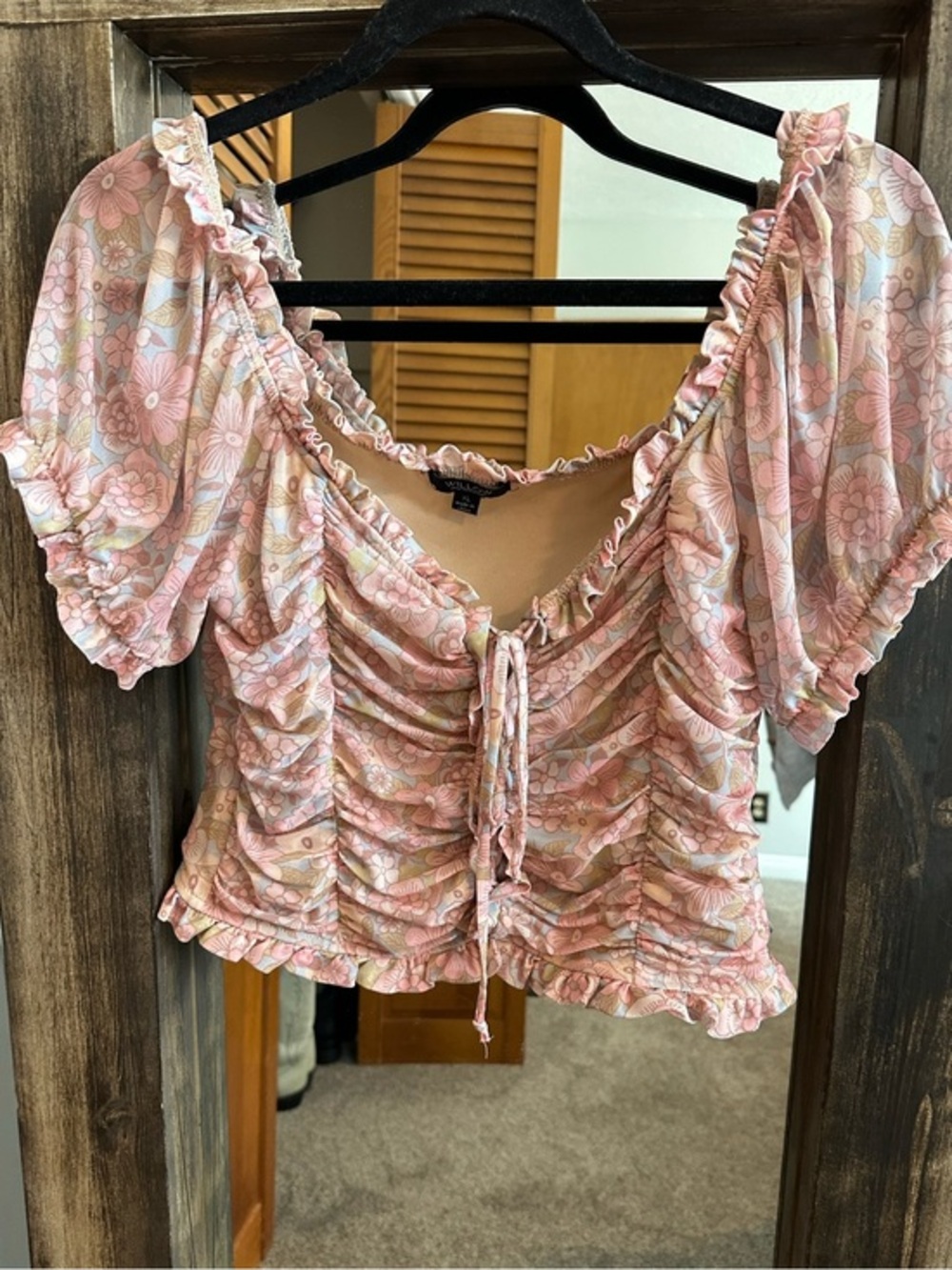 Willow XL Floral Ruched Puff Sleeve Peasant Top Cottagecore Pink Fairy Boho